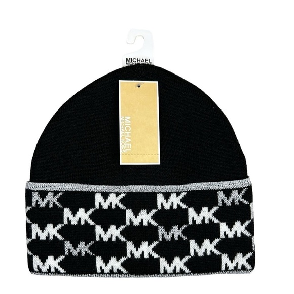 MICHAEL Michael Kors Women’s Black Beanie with White Gray MK Logo Pattern - Picture 1 of 6